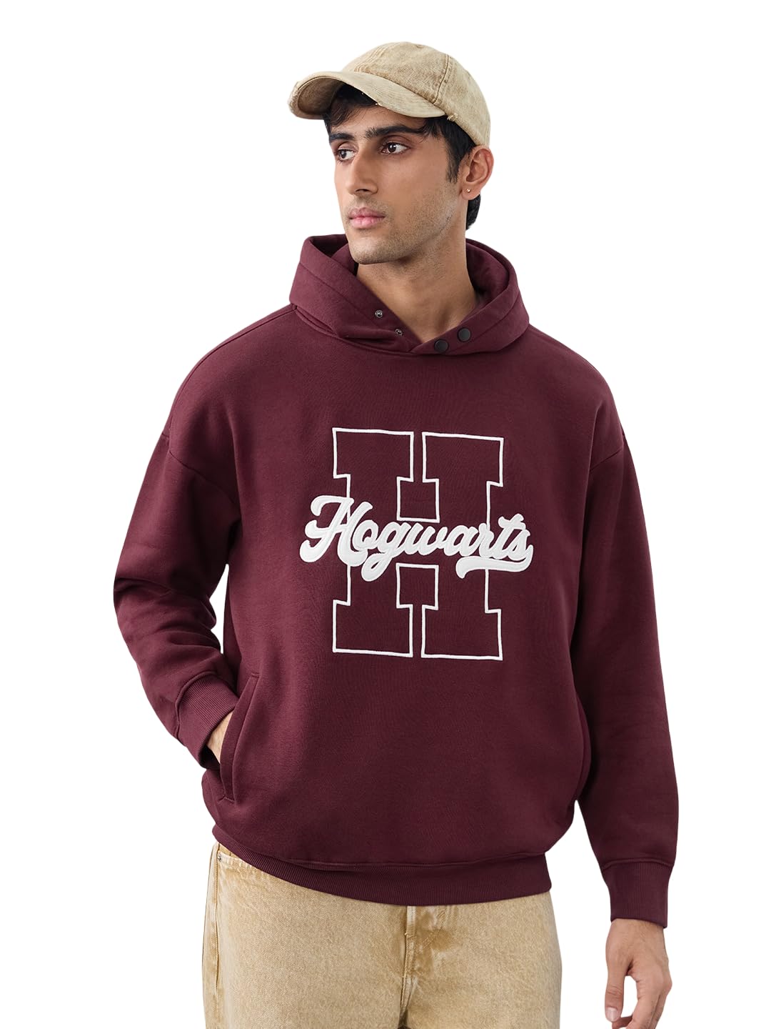 the souled store Harry Potter: School of Magic Men and Boys Full Sleeves Hooded Neck Burgundy Graphic Printed Cotton Blend Oversized Fit Pullover Hoodie-picture-45
