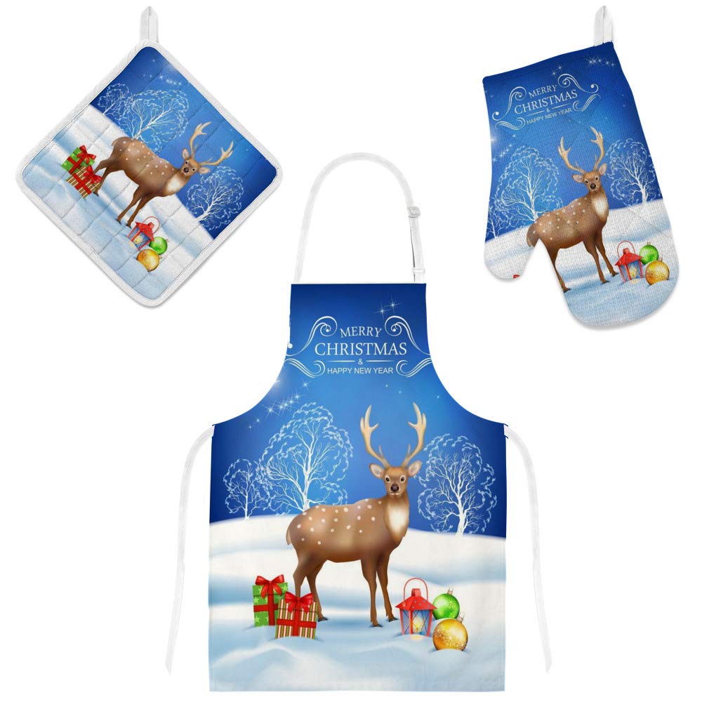 Tablier de cuisine 3 pièces avec maniques et gants de four pour Noël