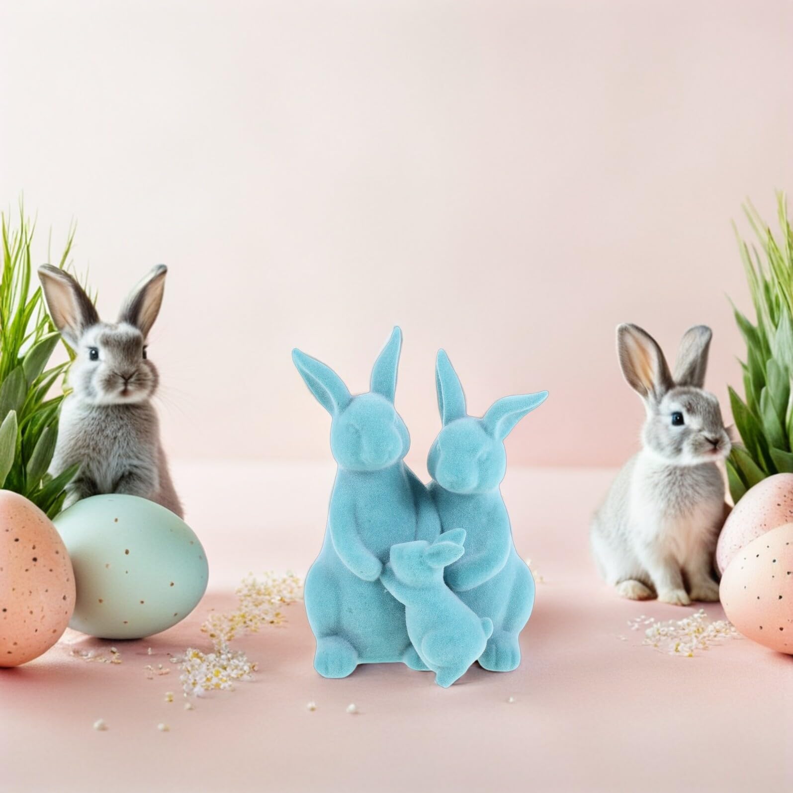 Figuras de Conejo de Resina Flocado Azul, Estatua Familiar de Tres Piezas para Decoración de Mesa de Pascua, Centro de Mesa y Jardín, Adecuado para Ambientación Festiva y Patio