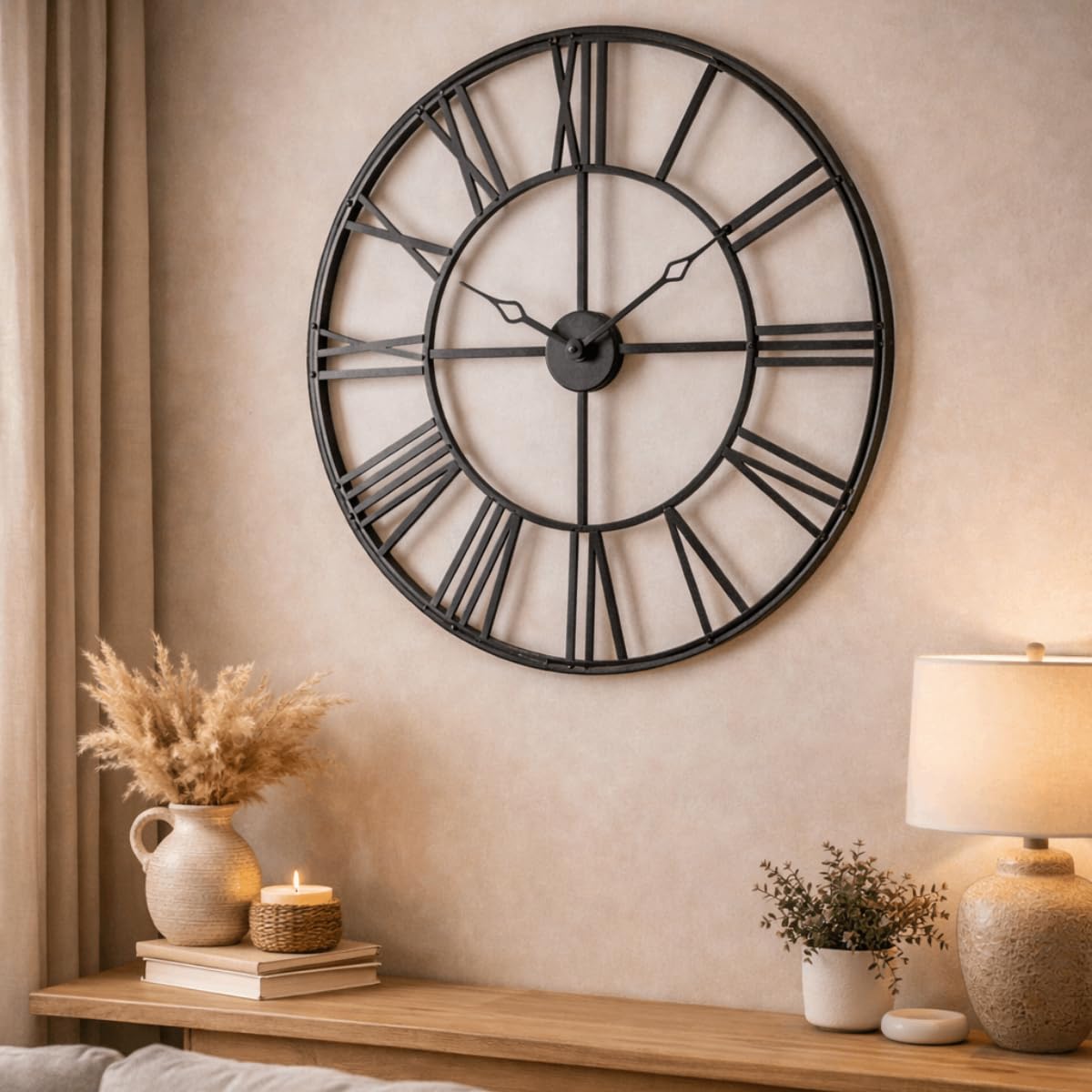 Grande horloge murale en métal - Diamètre : 70 cm - Noir - Design squelette industriel vintage avec chiffres romains - Horloge à cadran ouvert - Mouvement silencieux - Pour salon, cuisine
