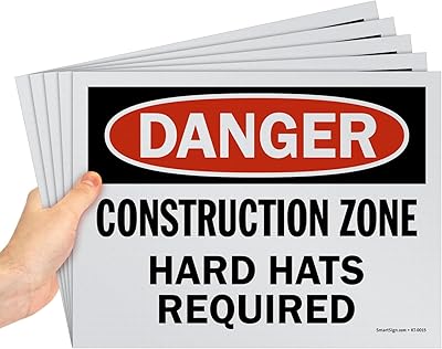 SmartSign (Pack of 5) 9 x 12 inch “Danger - Construction Zone, Hard Hats Required†OSHA Sign, Screen Printed, 10 mil Polystyrene Plastic, Red, Black and White