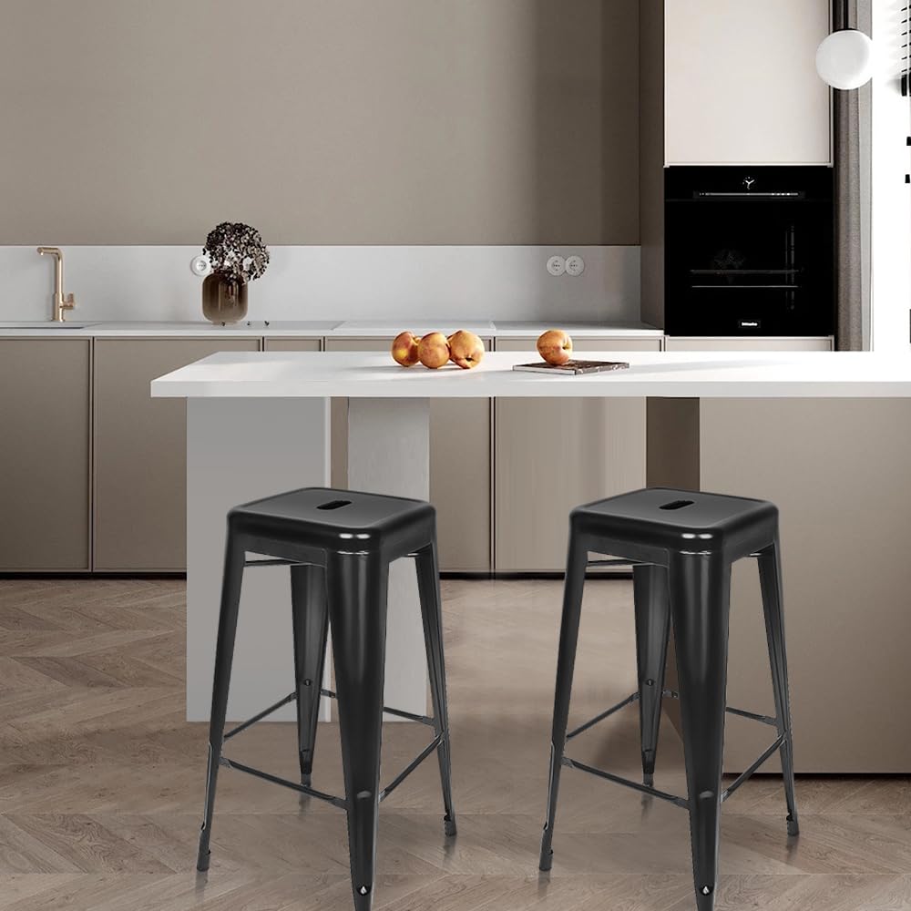 Supfine Lot de 2 Tabourets de Bar en Métal Noir Mat Chaise de Bar Industriel Empilable, Hauteur Assise 76cm, Tabouret Industriel pour Cuisine, Bar, Restaurant à Thème (2, Pas de Dossier - Noir)