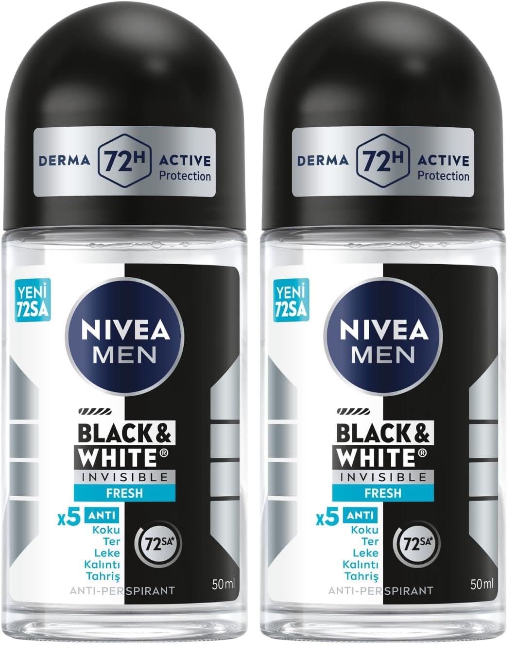 NIVEA MEN Erkek Roll On Deodorant Black&White Invisible Fresh 50 ml,72 Saat Anti-perspirant Terleme ve Ter Kokusuna Karşı Koruma,Giysilerde Leke Karşıtı,Erkeksi Koku,Etil Alkol İçermez (2 paketi)