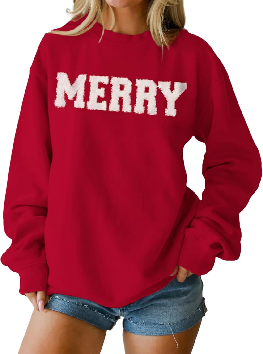 IZYJOY Christmas Women's Merry Graphic Sweatshirt Chenille Patch Letter Printed Crewneck Xmas Gifts Oversized Pullover Top