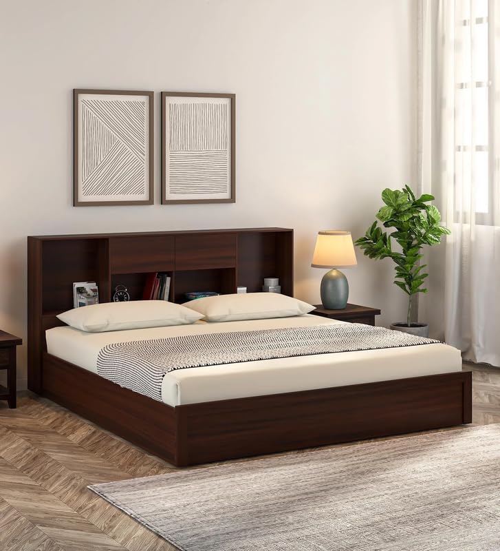 Image of Mintwud Pepperfry Engineered Wood King Size Bed with Box Storage | Wooden Double Bed Cot Palang Furniture with Headboard for Home Bedroom Living Room and Hotel - Walnut Finish