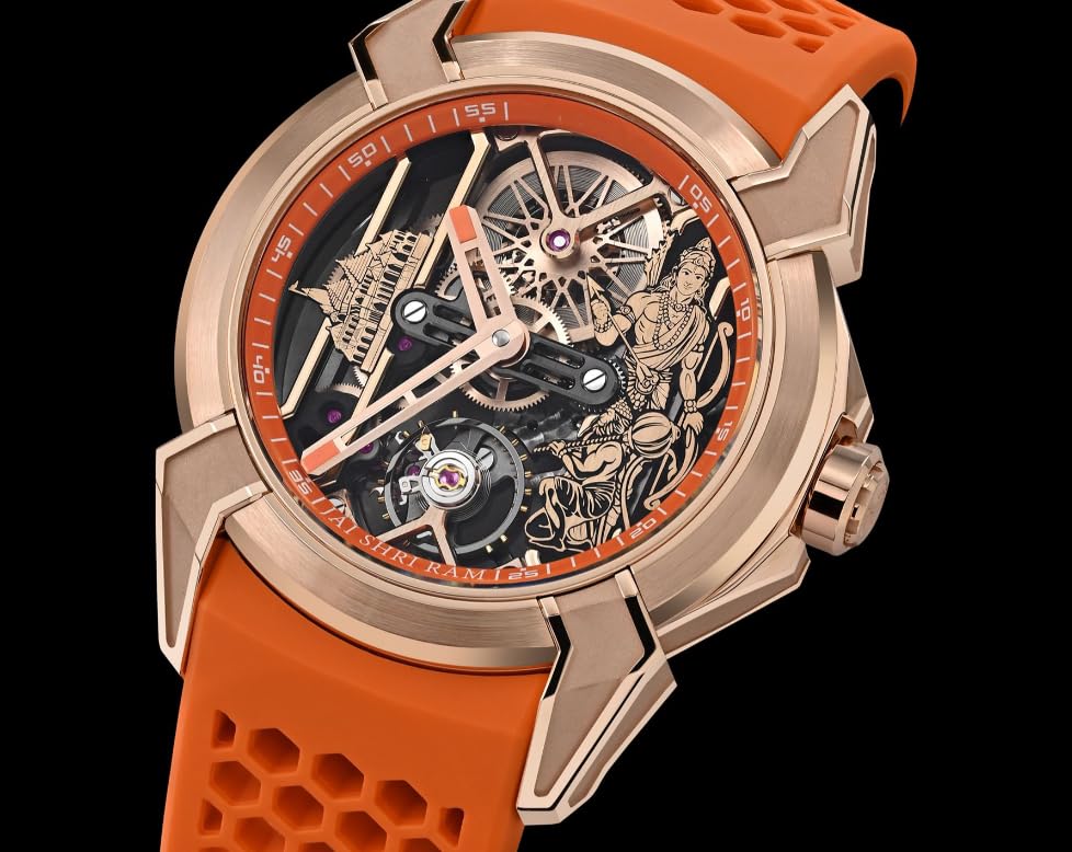 Image of Luxury full Automatic Shree Ram Edition Watch for Men Heavy Open Machine Design with Orange Straps, Shri Ram ji & Hanuman ji Artwork, Ayodhya Mandir Dial | Premium Wrist watch 41mm Bezel [5 Year warranty]