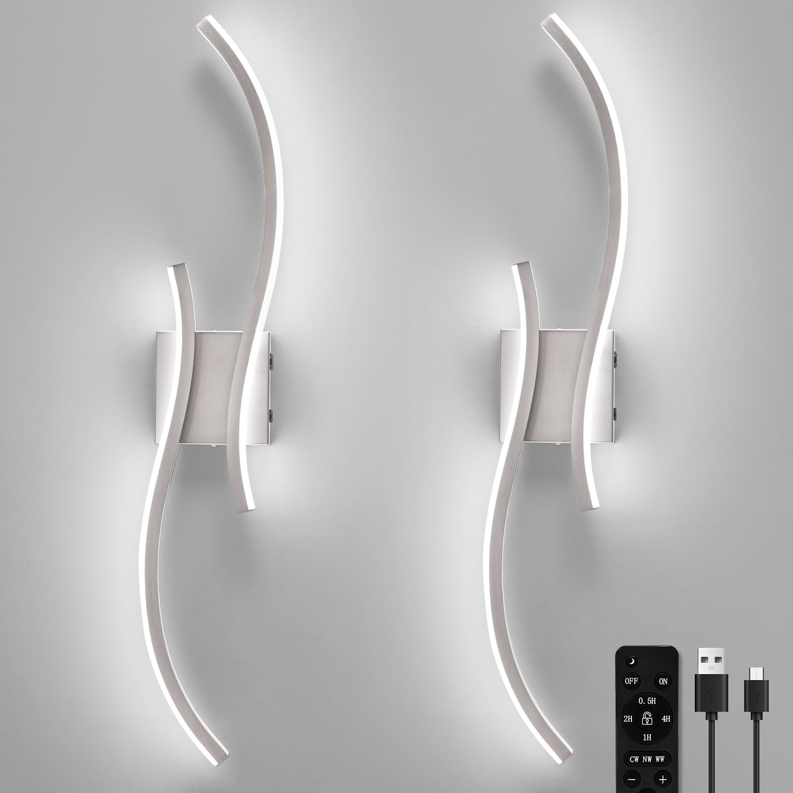Battery Operated Wall Sconces Set of 2, Rechargeable Dimmable Battery Wall Light with Remote Control, Brushed Nickel LED Wireless Wall Light for