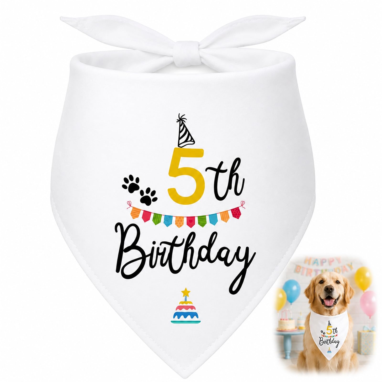 Dog 5th Birthday Bandana, White Tie-On Party Scarf for Puppies