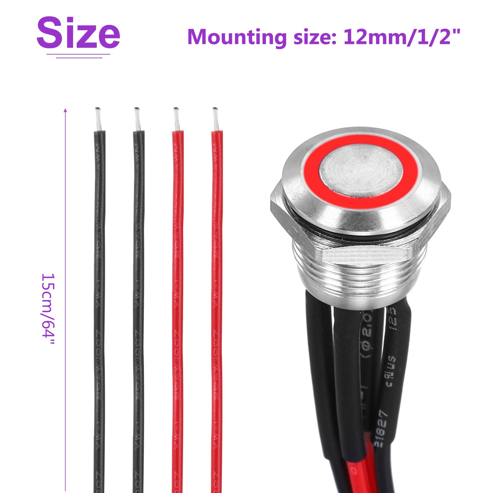 DMiotech 1/2 Inch Stainless Steel Momentary Push Button Switch Flat Head 3A 12-24V Silver Shell with Pre-soldered Red LED Ring Light 1NO - Image 4