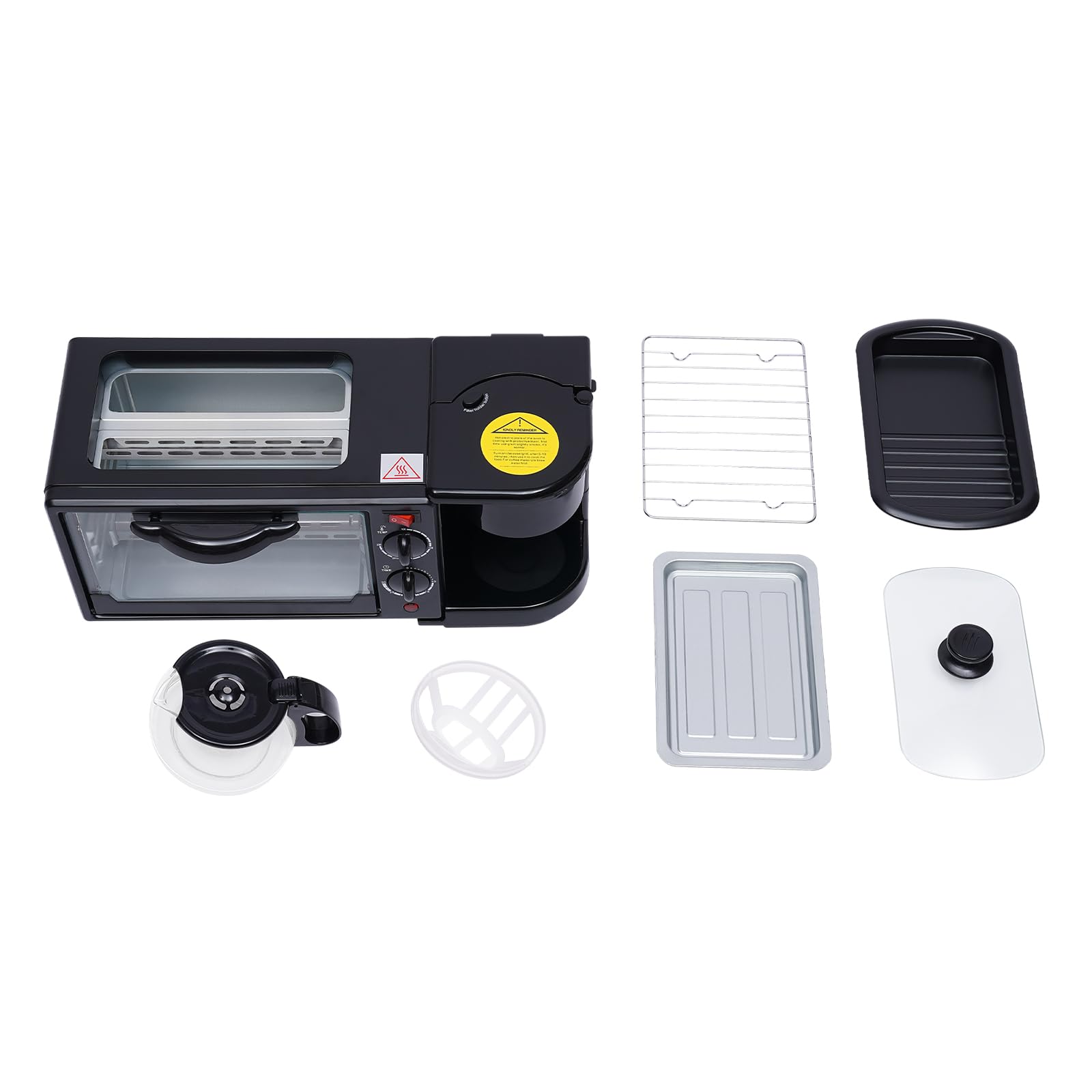 Macchina per la colazione multifunzione 3 in 1, 600 ml, filtro a tramoggia, tostapane, forno 9 l, griglia antiaderente, lavoro separato, timer 0-30 minuti