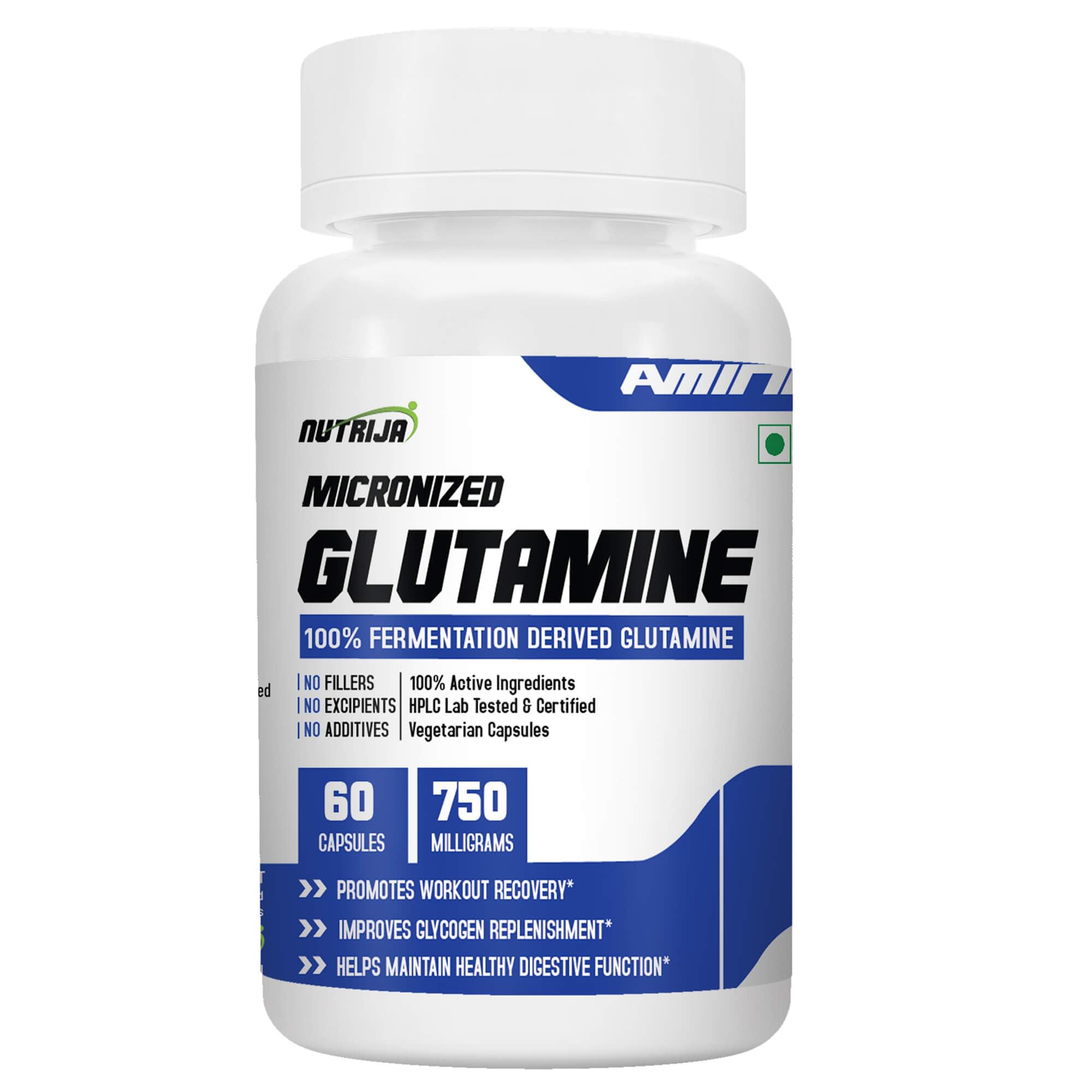 NutriJa Micronized L-Glutamine 750mg - 60 Veg Capsules | 100% Fermentation Derived Amino Acid | Supports Muscle Recovery & Glycogen Replenishment