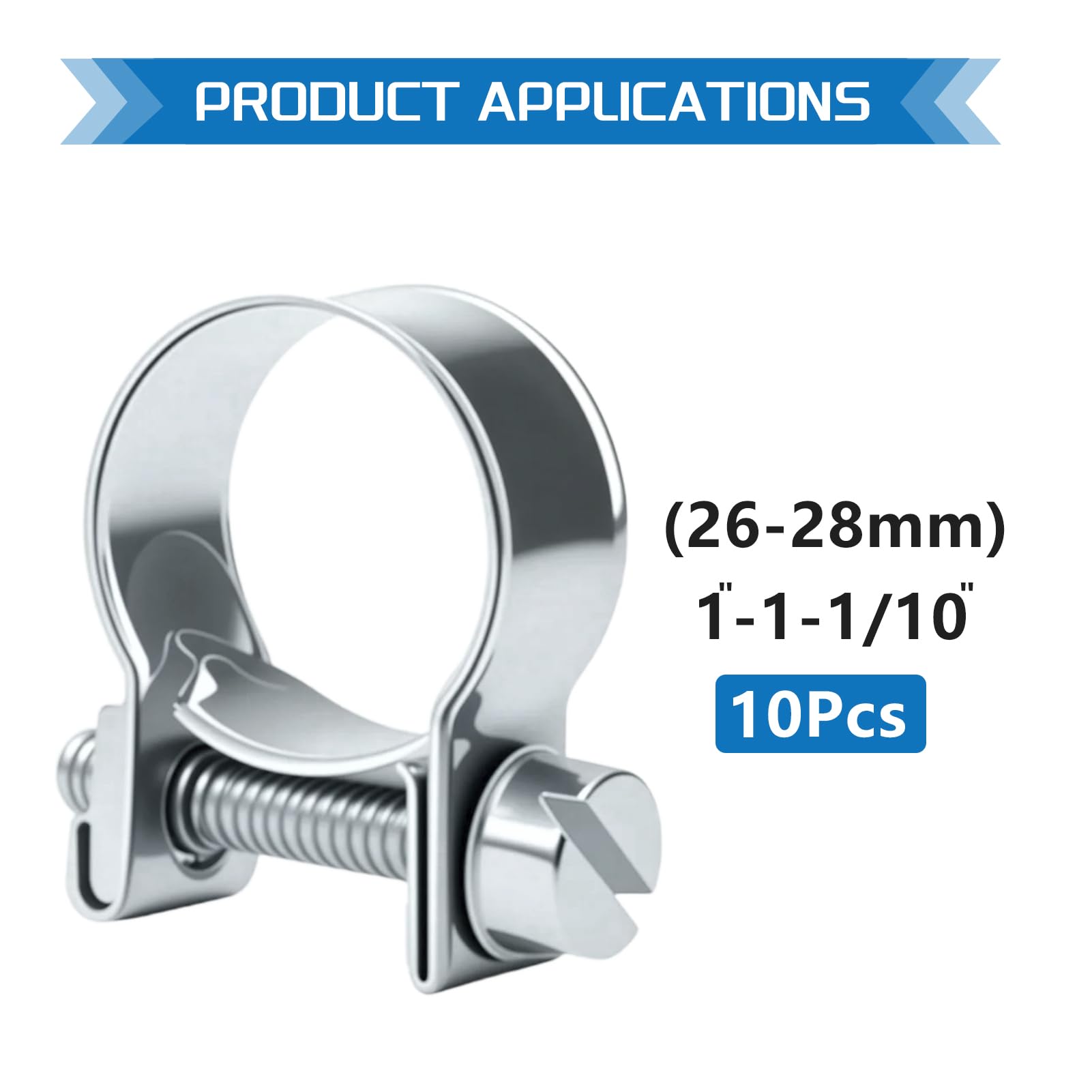 Close-up of JTAREA 26-28MM fuel injection hose clamps showing galvanized finish and screw mechanism.