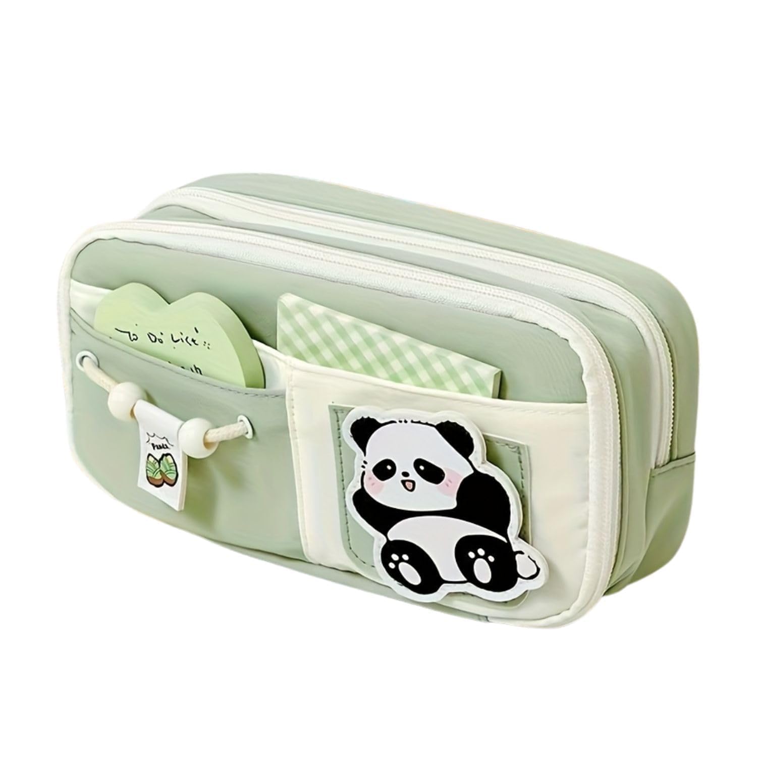 GERQSHO® Canvas School Bag Pencil Case, 3 Layer 6 Compartment Large Capacity, Aesthetic Pencil Pouch for Stationary, Cute Stationery for Kids, Pencil Case for Girls & Boys (Green Panda)