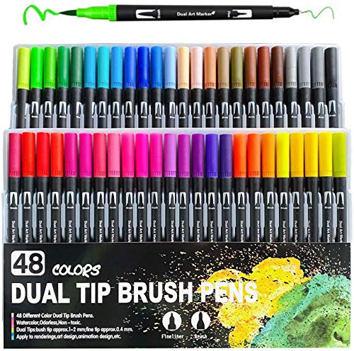 Hirsrian Dual Brush Pen Set 48 Farben Pinselstifte mit Zwei Spitzen Filzstifte Marker für Bullet Journal, Malbücher, Handlettering, Manga, Kalligraphie, Mandala, Skizzieren für Kinder und Erwachsene