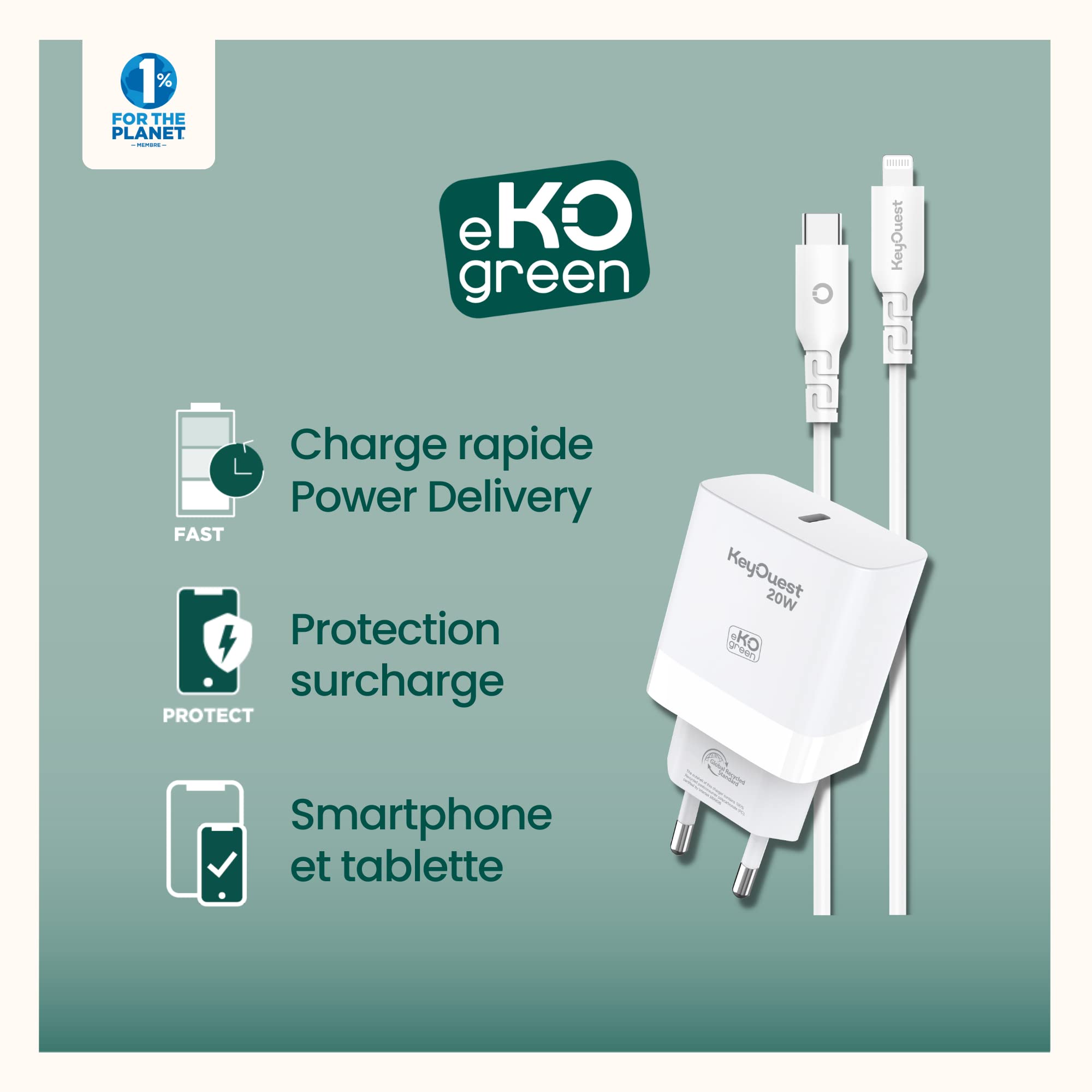 KeyOuest - Kit Chargeur Secteur 20W + Câble USB-C vers Lightning eKOgreen - Câble MFI d’1,20m - Recharge de 0 à 50% en 30 Minutes - 100% Plastique Recyclé Post-Consommation, Certifié - Blanc
