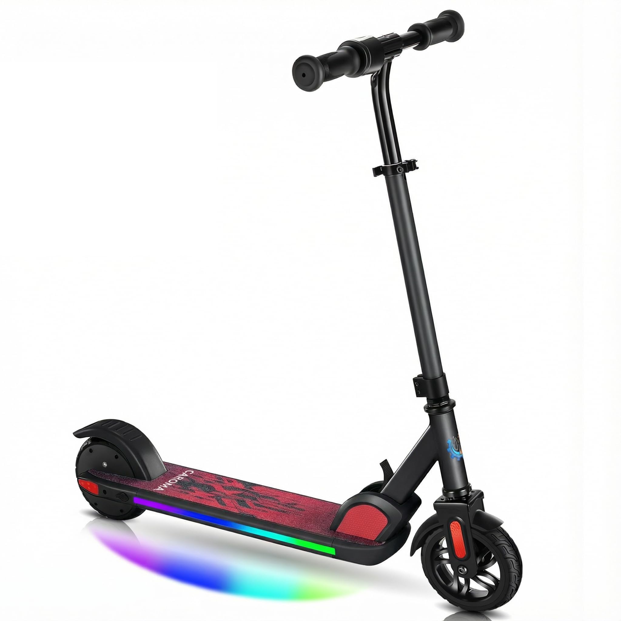Caroma Patinete E para niños de 6 a 14 años, Motor de 150 W/180 W, 16 km/h, 80 Minutos de Tiempo de conducción, Velocidad y Altura Ajustables, Luces Coloridas, indicador LED, Scooter eléctrico