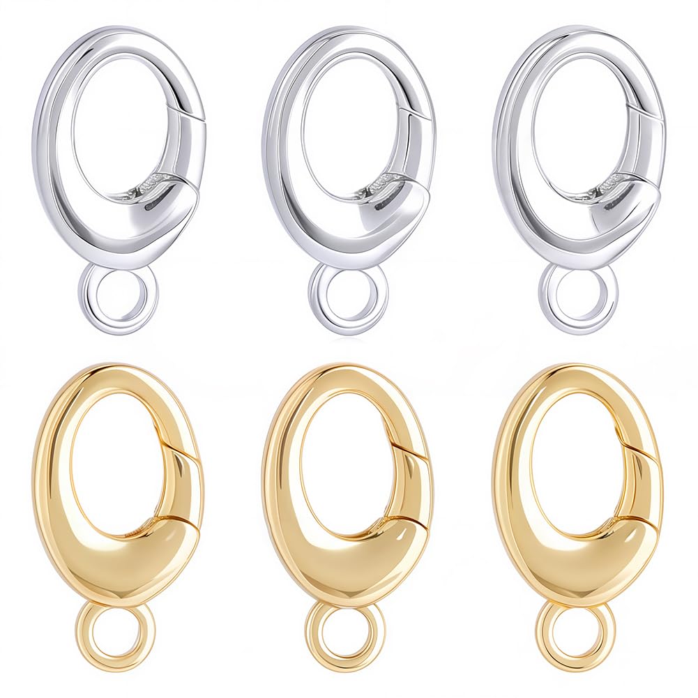 SUNNYCLUE 1 Box 6Pcs 2 Colors Spring Oval Rings Small Carabiner Ring Jewellery Trigger Real 18K Gold Plated Brass Silver Keyring Snap Hook Buckle Lock Clasps for Purse Jewellery Bracelet Bags Crafts