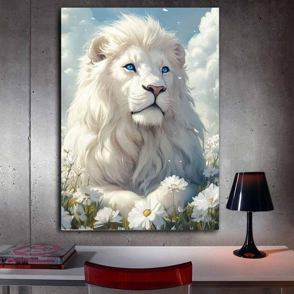 AMXBZC Affiche décorative chambre d'enfant Fleur de lion blanc Moderne animaux de safari en afrique - Poster Images Murales - Décoration chambre de bébé(Blanc)-40x60cm Encadrée