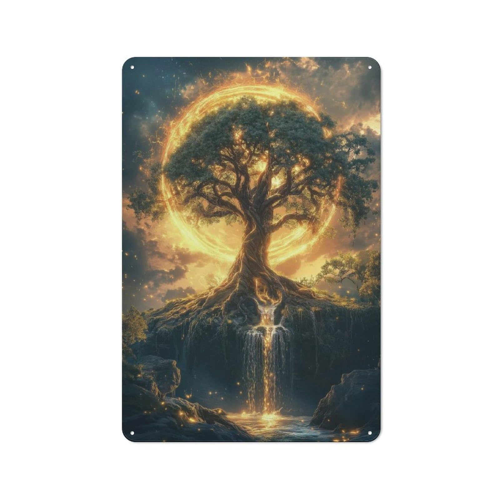 Junmoney Style-15 Metal Wall Sign 30X20cm Featuring Mystical Tree With Golden Aura For Pub Or Café, Housewarming Wall Decor For People Furnishing Pub And Café