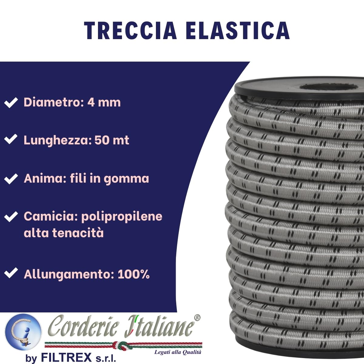 Corderie Italiane® 006046943 Treccia elastica grigio perla 4 mm - 50 mt