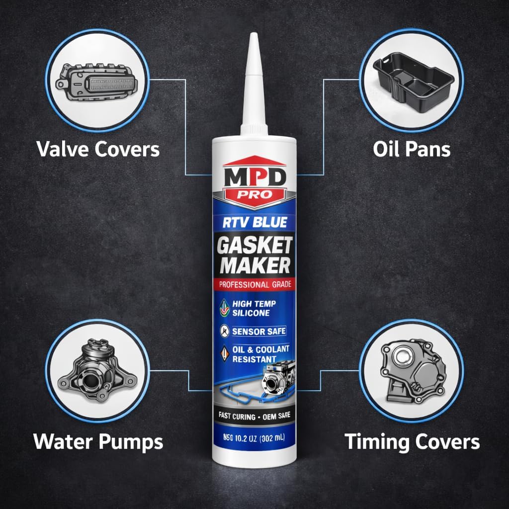 MPD Pro RTV Blue Gasket Maker – High Temp RTV Silicone Sealant, Sensor Safe, Oil & Coolant Resistant for Valve Covers, Oil Pans, Water Pumps & Rigid Flange Assemblies – (2 Pack)