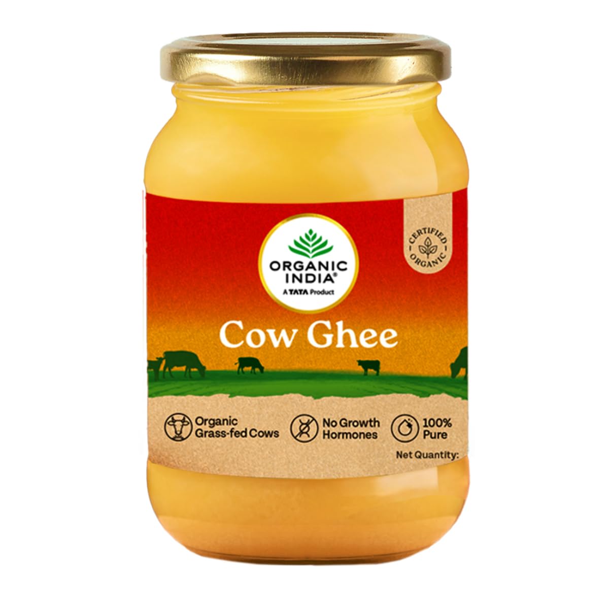 A TATA Product - Organic India Pure Cow Ghee, 500ml, Lab Tested on 600+ Parameters, Certified Organic, Glass Bottle, Sourced from Organically Fed Cows, Authentic Taste, Rich in Healthy Fat