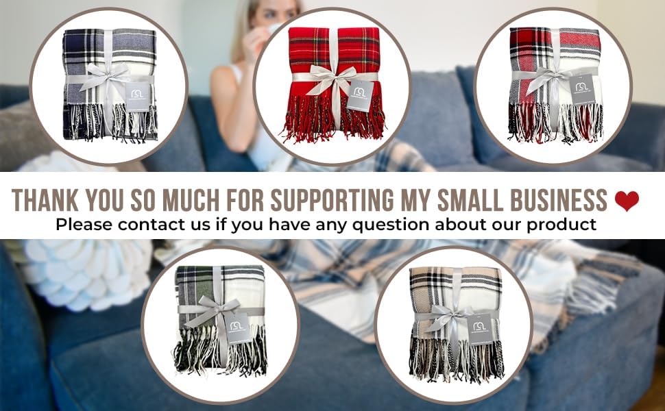 Ivory and Red Plaid Wool Throw Blanket 50" x 60"