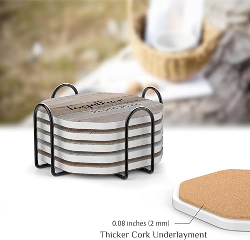 Miniatura 5 de UMIRRO Posavasos rústicos para decoración de mesa auxiliar, juego de posavasos de cerámica con soporte para mesa de madera, bonitos posavasos