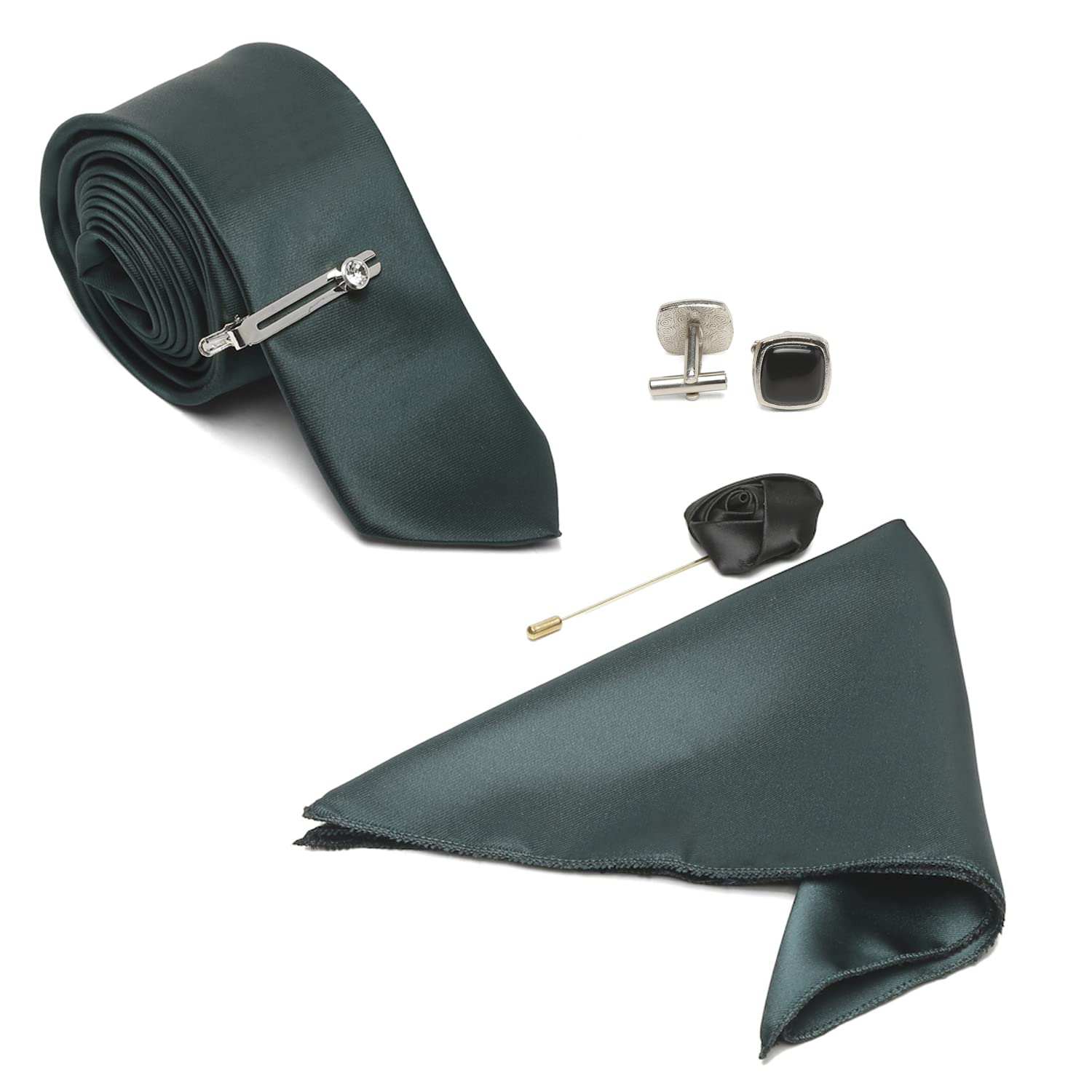 LOUIS STITCHMens Solid Green Luxury Italian Silk Necktie Set Brooch Chrome Tie Pin Cufflinks Pocket Square (Prague) (LS-TE-PL-GR01-CP)
