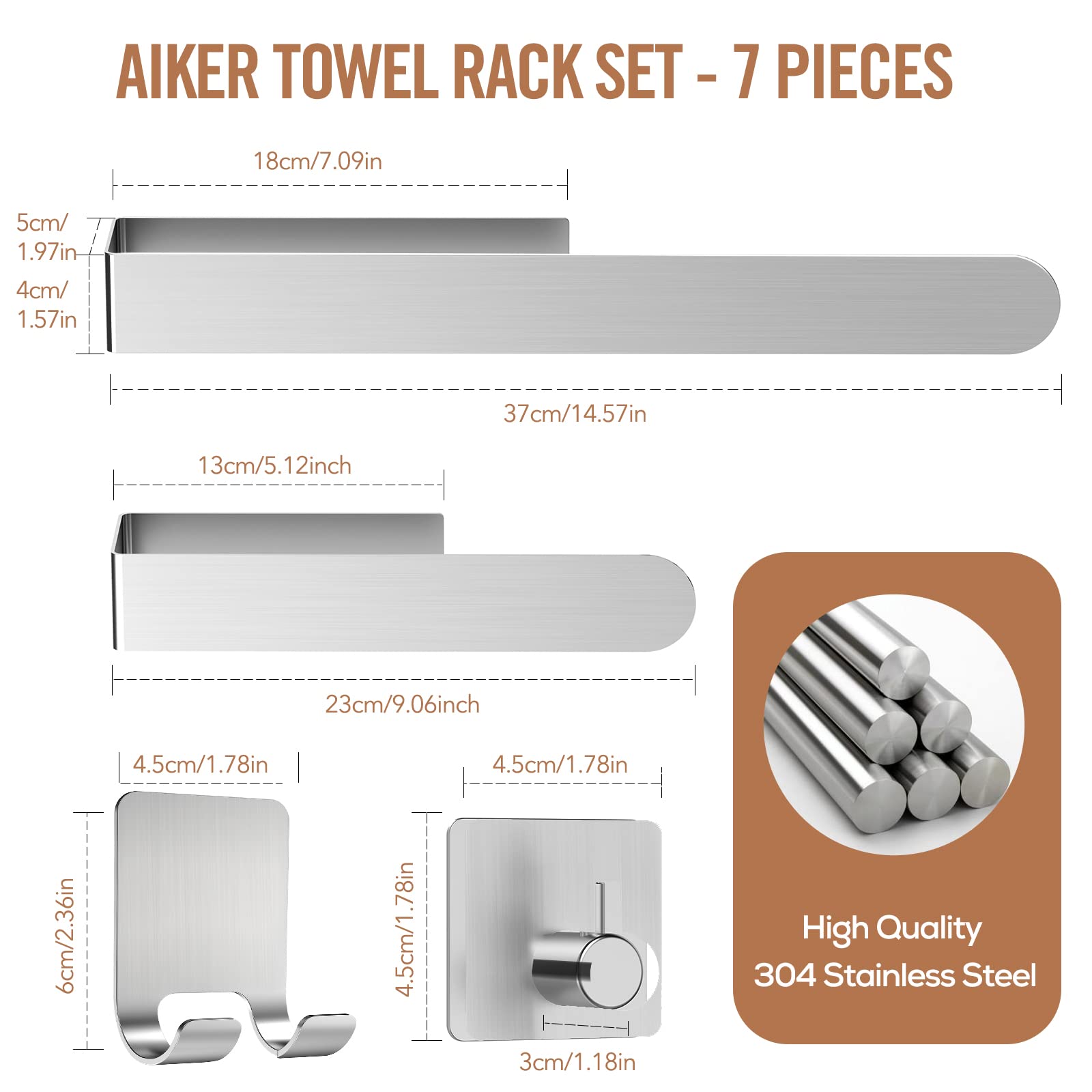 AIKER Porta Asciugamani Bagno,Set di Accessori, Adesivo 7PCS,Acciaio Inossidabile 304 Ispessito di Alta Qualità Per Mobili o arredo a Parete