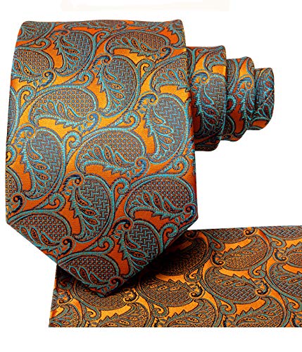 Dubulle Orange Paisely Mens Extra Long Tie for Big and Tall with Pocket Square Handkerchief Hanky - Thumbnail 2