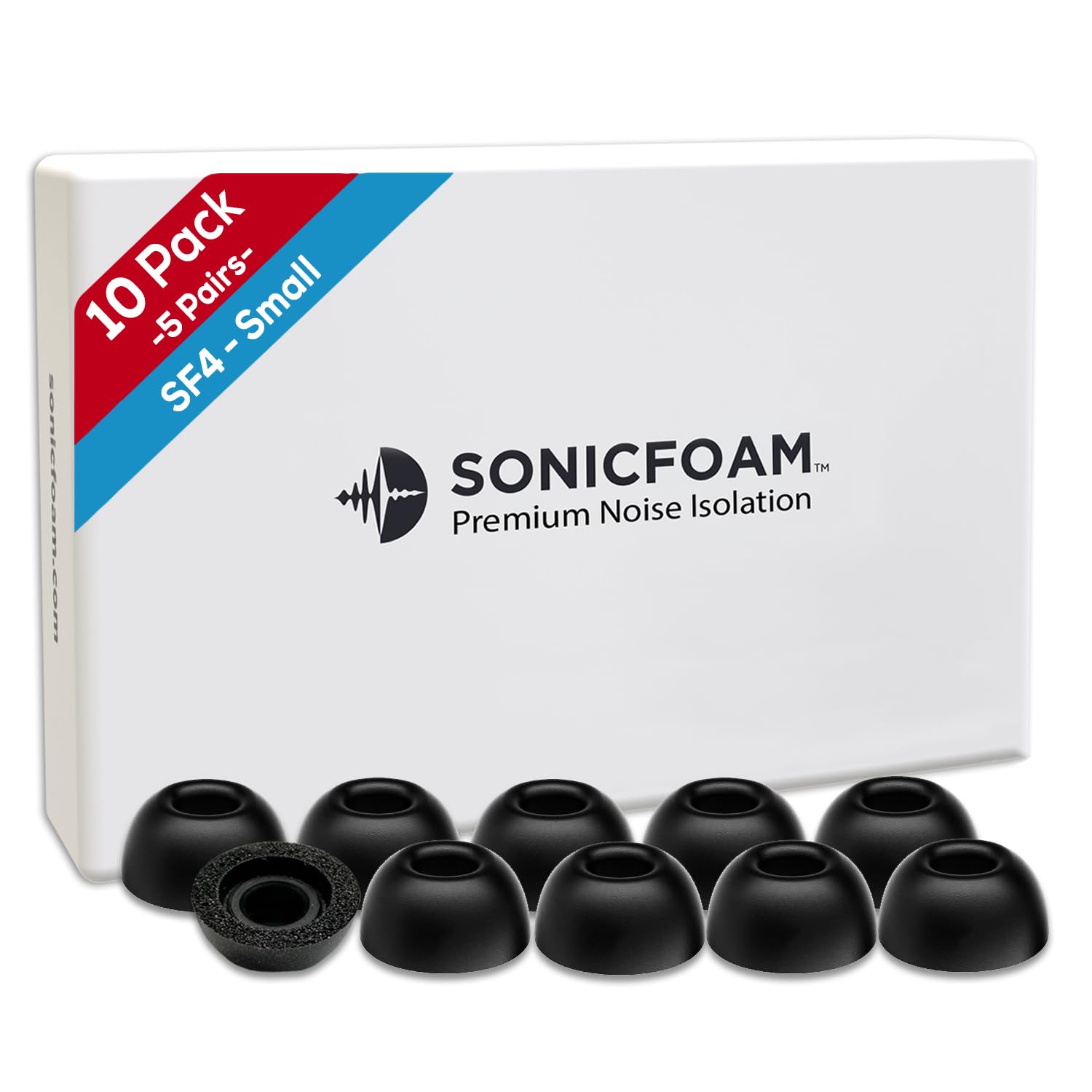 SONICFOAM (SF4 Small/Medium/Large Black) Memory Foam Earbud Tips for Earbuds with Speaker Diameter 4.4-5.7mm - (6 Pack / 3 Pairs) - Fits most charging cases