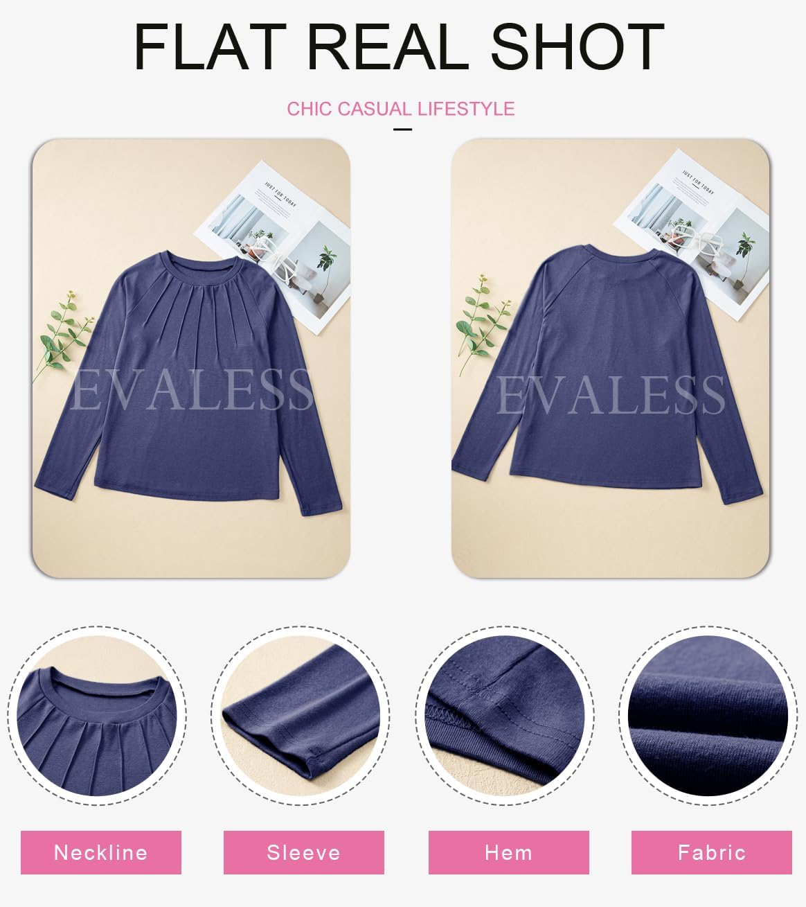 EVALESS Womens Casual Spring Summer Tops 2025 Trendy Crewneck Long Sleeve Shirts Basic T Shirts Loose Fit Pleated Tee Blouses - Image 5