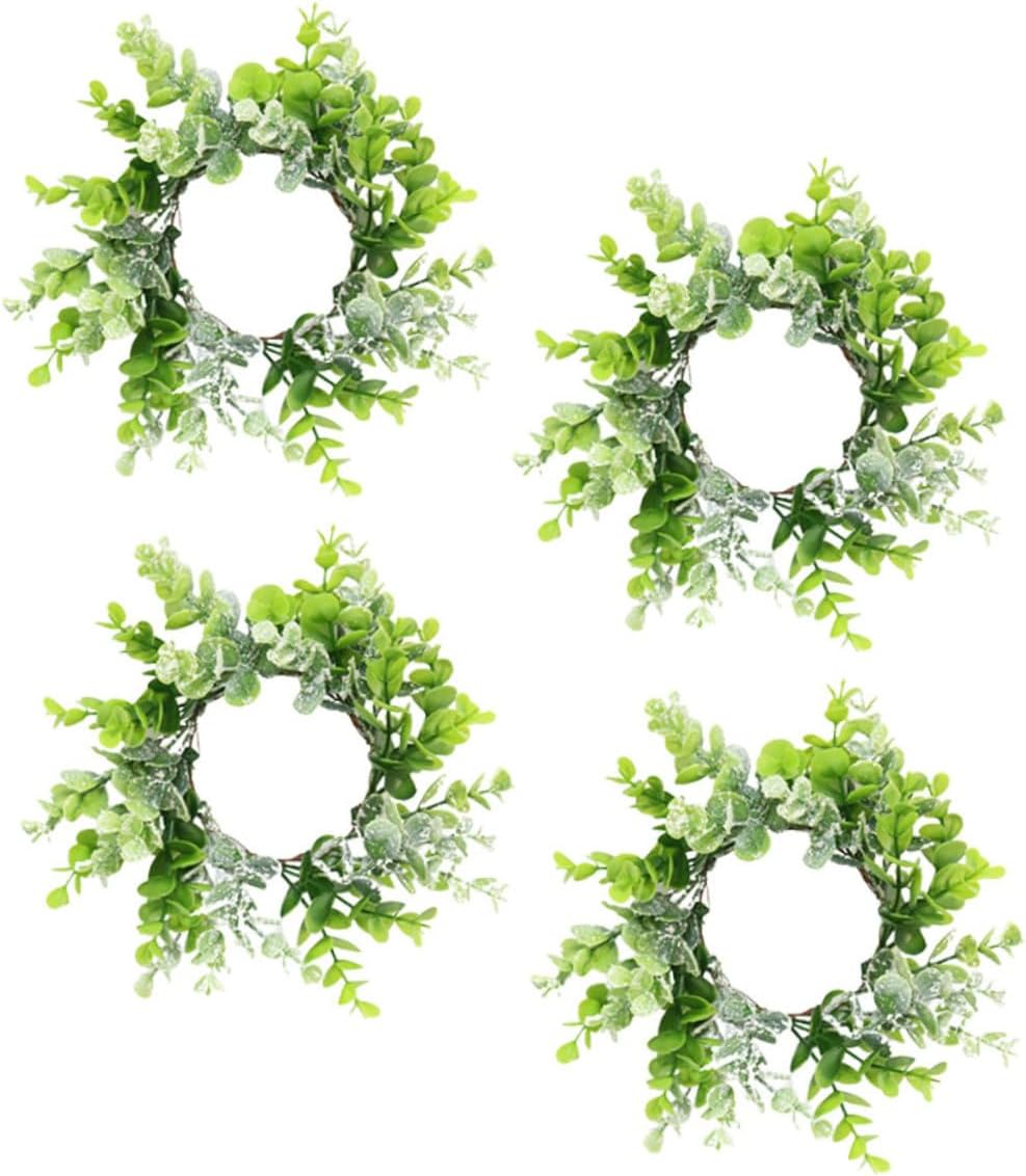 Holibanna 4pcs Eucalyptus Candle Faux Greenery Wreath Centerpiece for Dining Table Decoration for Weddings and Home Decor Inner