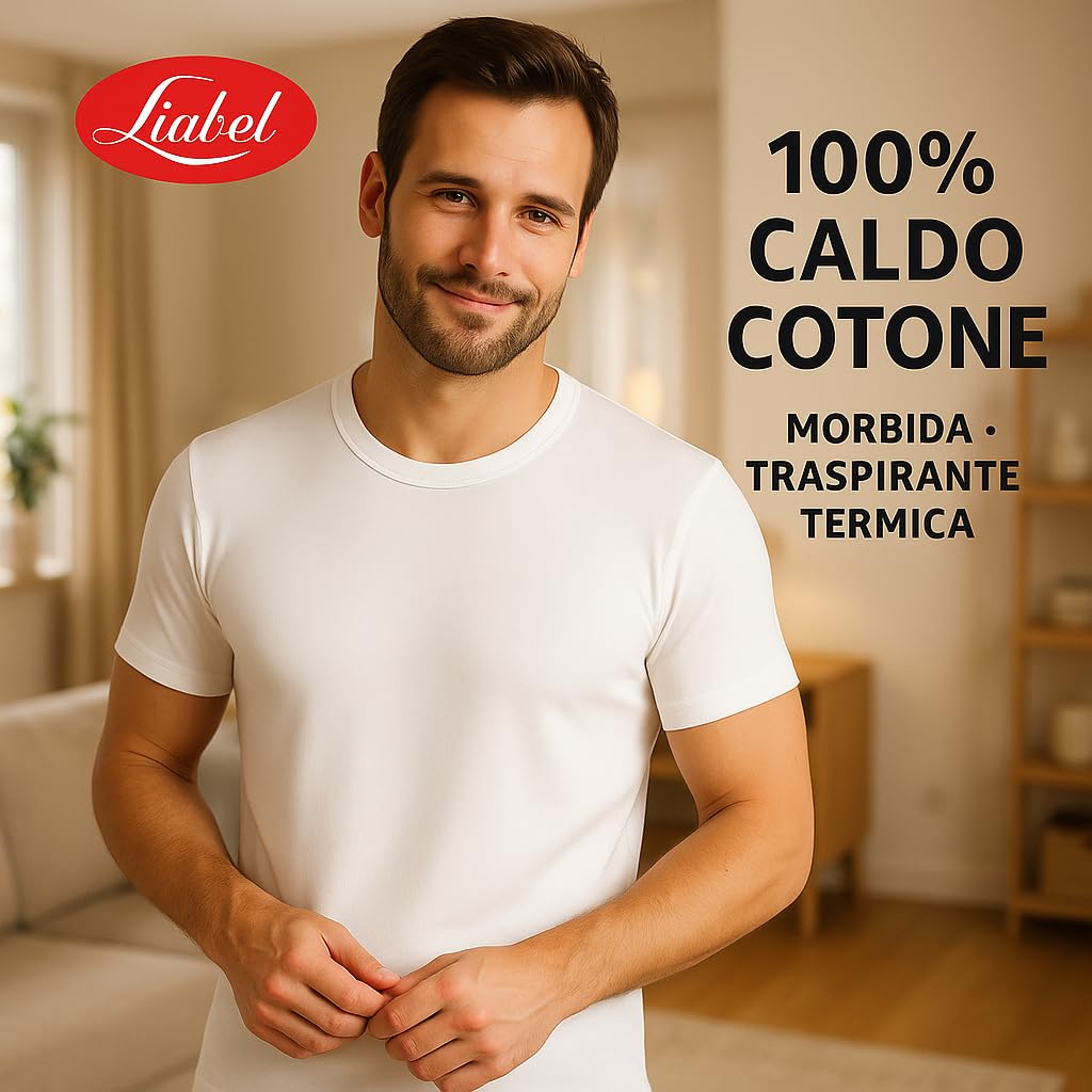 Set 3-6 Maglia Termica Uomo Liabel, Made in Italy - 100% Caldo Cotone Interlock - Intimo Invernale Morbido e Traspirante - Maglie a Manica Corta in Thermocotton Bianco o Nero, 3 o 6 Pezzi