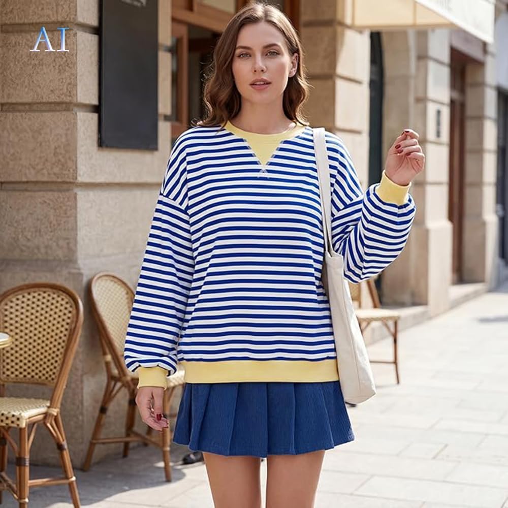 Women Oversized Crewneck Color Block Sweatshirt | Striped Shirt Casual Long Sleeve Loose Pullover Y2K Shirt Top