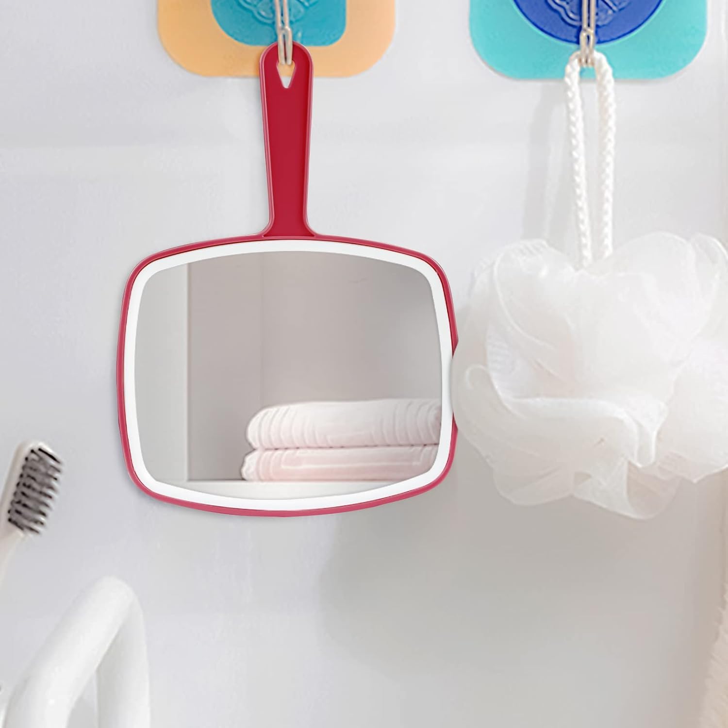 2 Pezzi Specchio a mano, 26.4 x 18.8 cm Specchio Trucco Portatile con Manico, Appendibile, per Radersi o Applicare il Trucco, Rosso