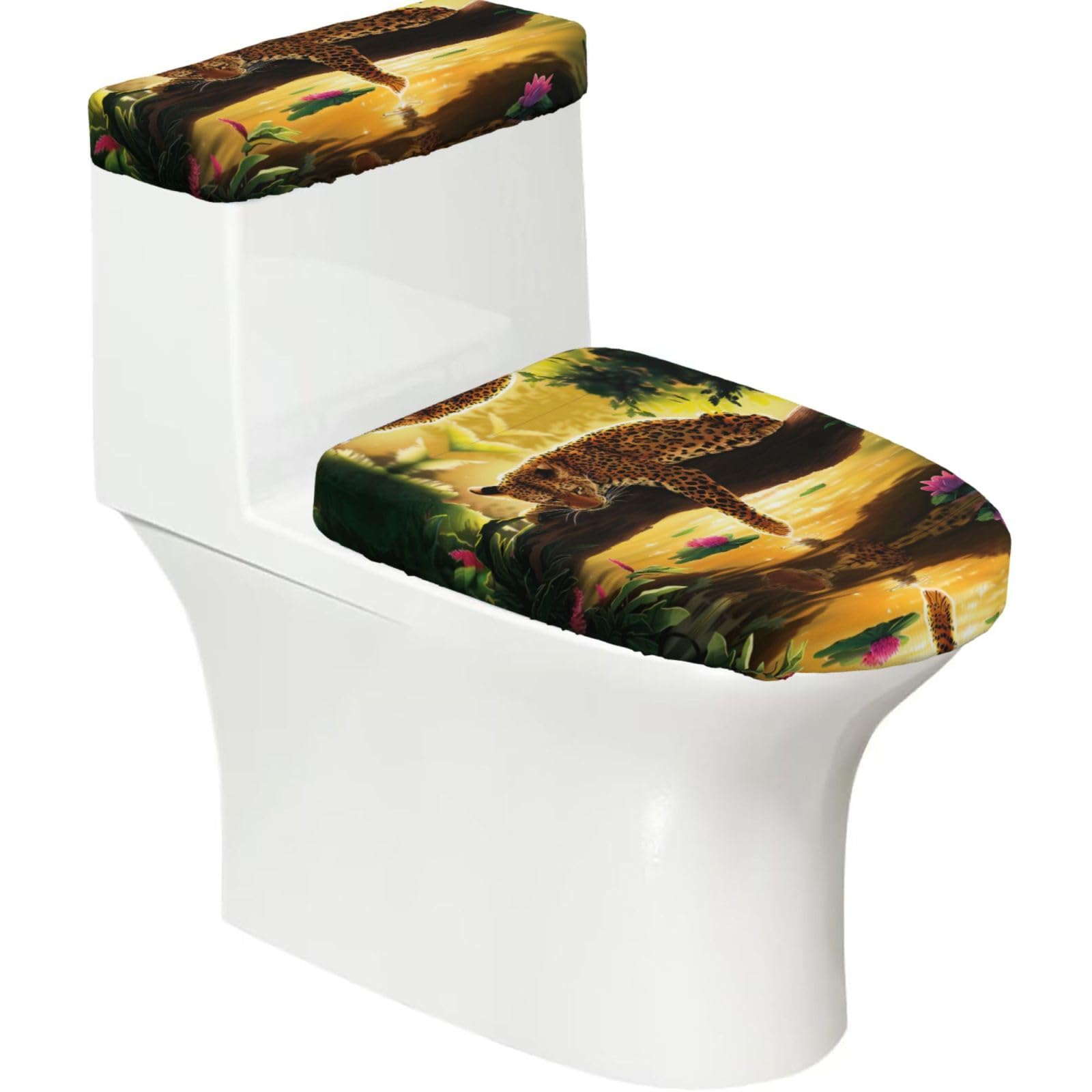 Animals Tiger 2-Piece Toilet Seat Cover Set with Tank Lid - Elastic for U-Shape & Elongated - Bathroom Decor