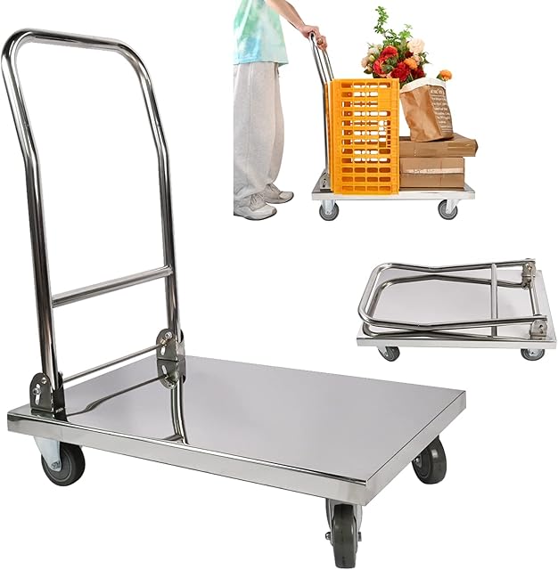 lesolar Push Cart Dolly 800lbs Folding Platform Truck Cart 32"x20" Heavy Duty Moving Platform Hand Truck Stainless Steel Foldable Moving Flatbed Dolly Cart with 360 Degree Swivel Wheels