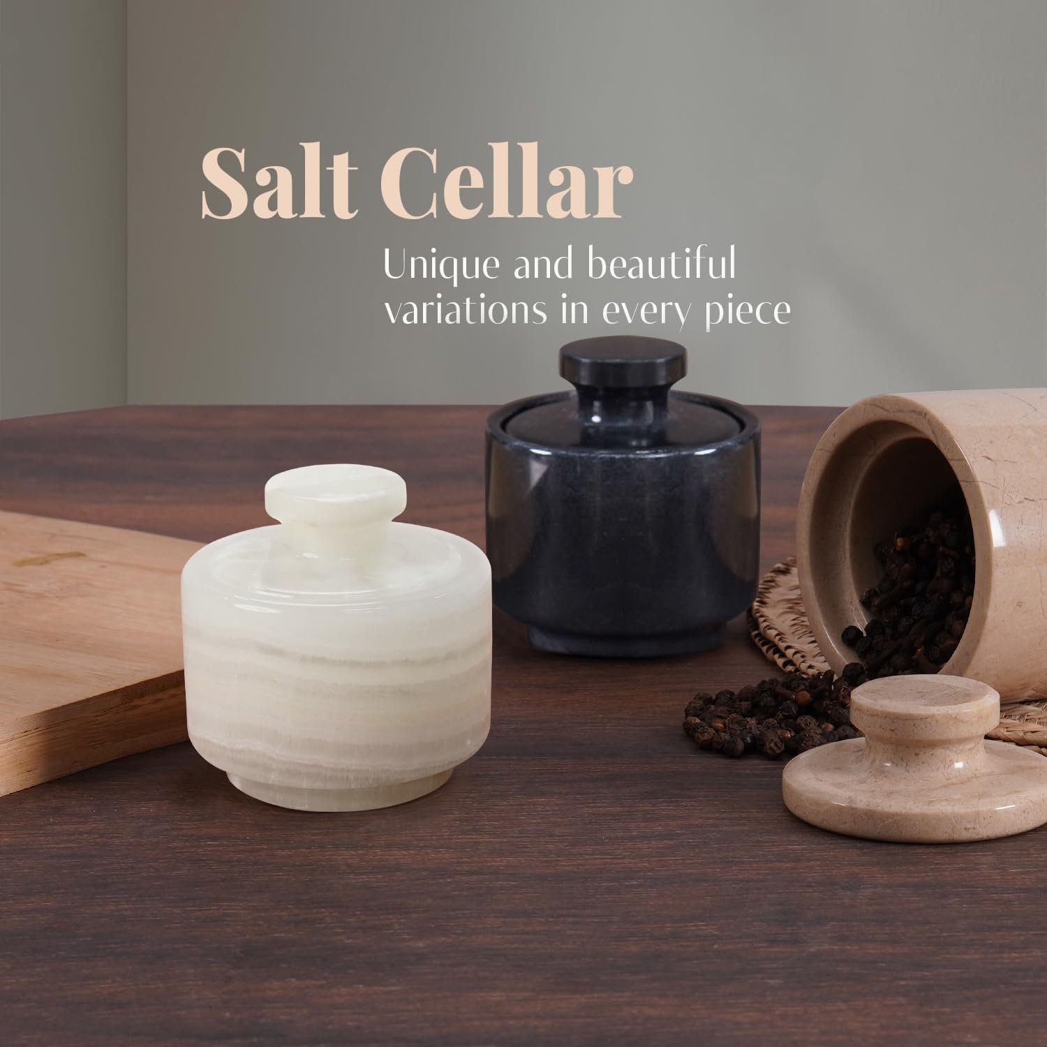 MARBLOUS KRAFTS stylish marble sugar dispenser 3" X 3" salt cellar, single salt container with lid (White Onyx) - Image 4