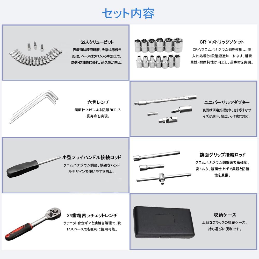 GOODCHI ソケットレンチ セット 工具 差込角6.3ミリ(1/4インチ) 46点 入門用 自動車修理ツール 自転車修理 点検 DIY 方便 専用収納ケース付き