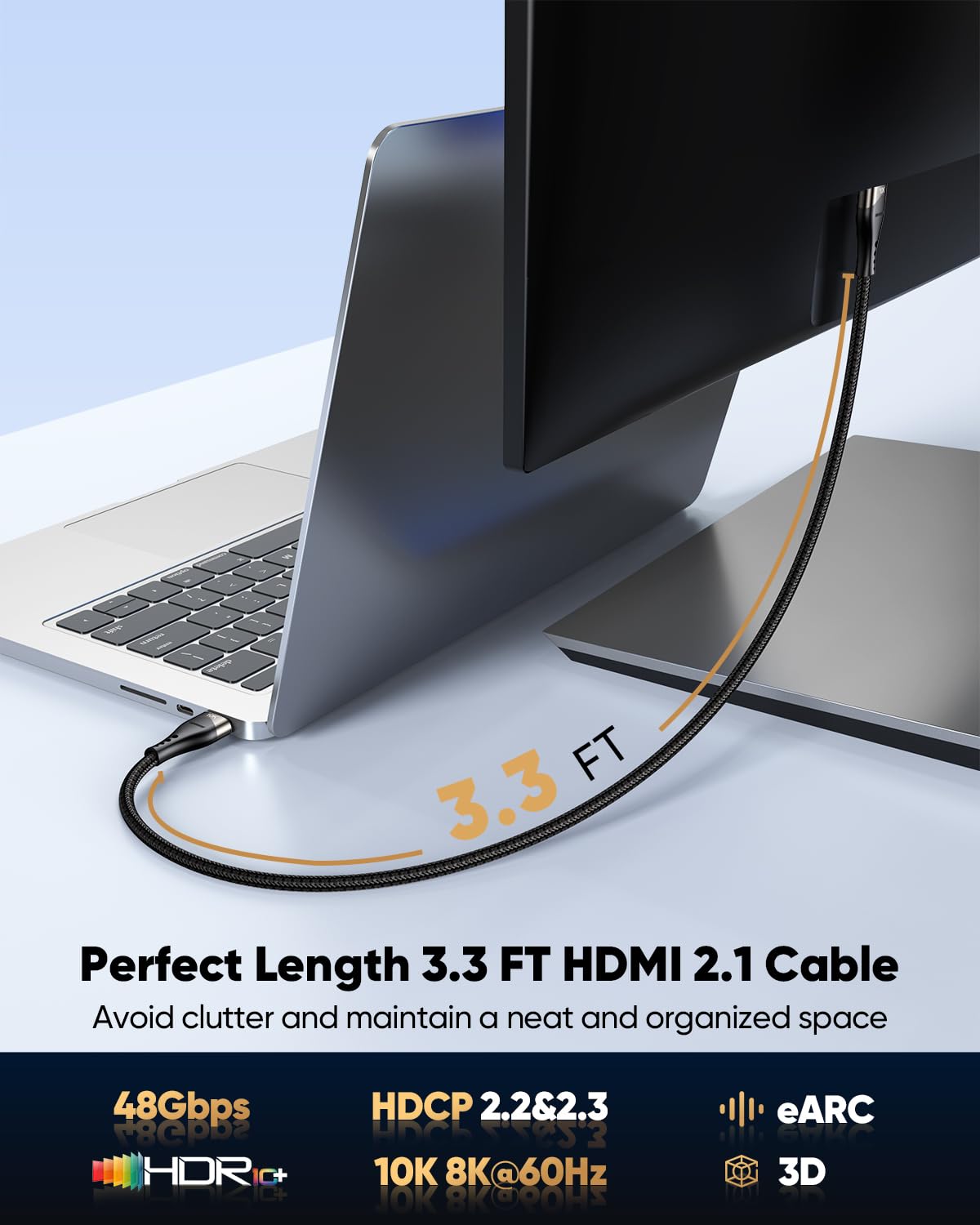 Cable HDMI 10K 8K de 3.3 pies, paquete de 5, cable HDMI 2.1 de 48 Gbps, cable HDMI de ultra alta velocidad trenzado de nailon 8K @60Hz, 4K a 120Hz, eARC, HDR10, HDCP2.2 y 2.3 para PS5,