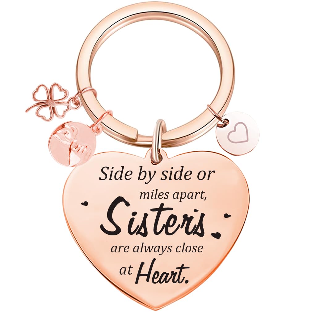 Tecreo Rosegold Sister Gifts, Sister Keychain, Sis Key Ring, Side By Side Or Miles Apart, Sisters Are Always Close At Heart - Sister Gifts For Birthday, Graduation Gifts For Sister,