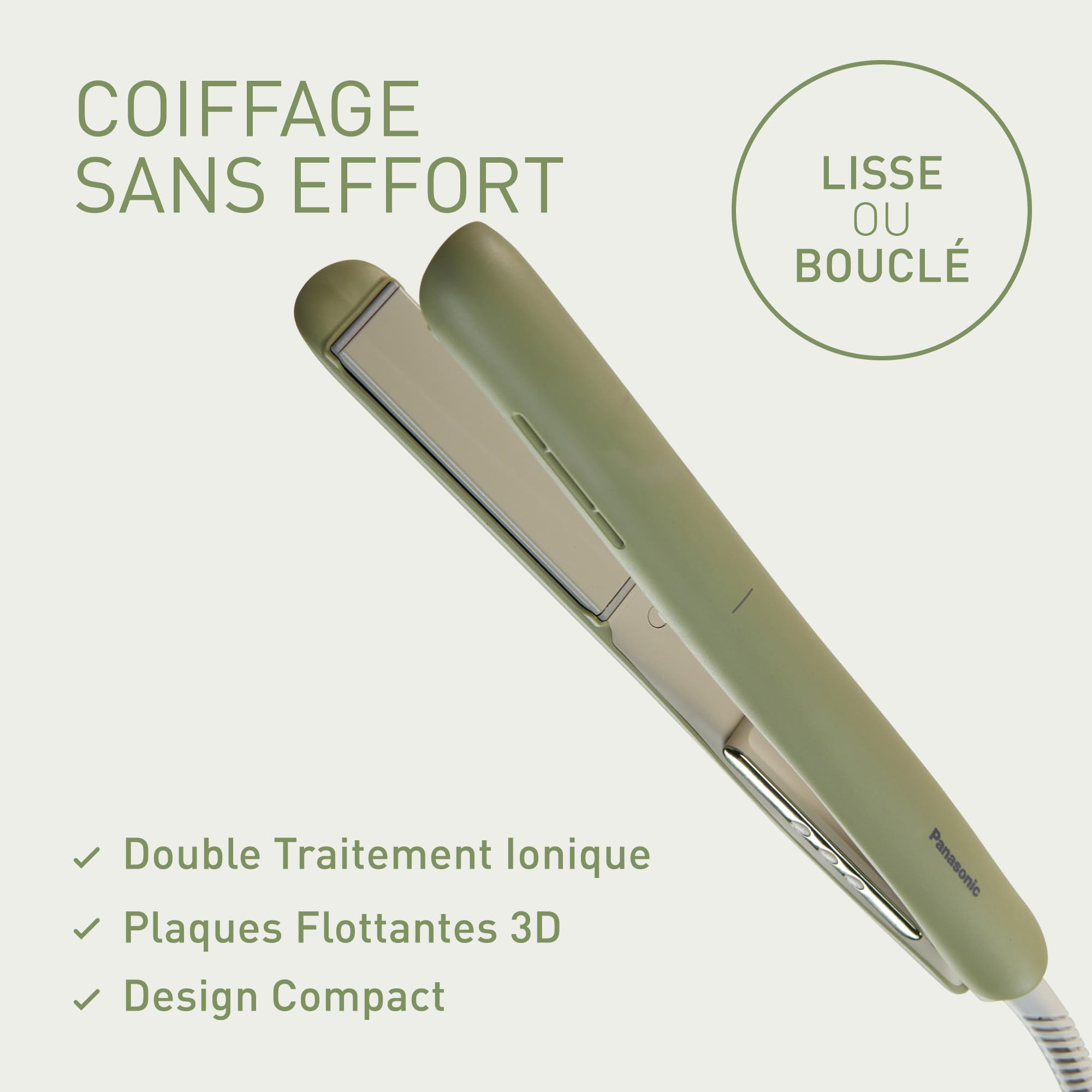 Panasonic EH-HV31-G503 Styler Capillaire Ionique 2-en-1, Lisseur et Boucleur, 5 Températures jusqu'à 210°C, Plaques 3D, Verrouillage Voyage, Tension Auto, Vert Matcha