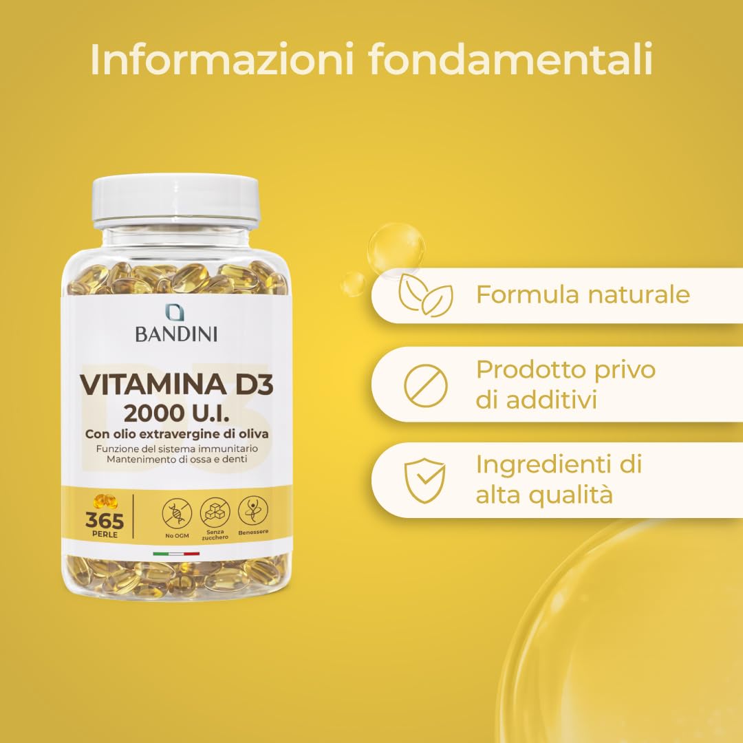 Bandini® Vitamina D3 2000 UI 365 Softgels, Alto Dosaggio 50μg, Vitamine D Colecalciferolo in perle, In Olio Extravergine di Oliva per Assorbimento Ottimale, Ossa, Denti, Muscoli, Sistema immunitario