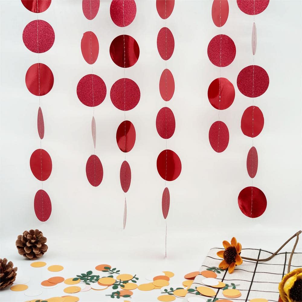 JEYE Guirnalda de fiesta de puntos circulares rojos, decoración metálica para colgar, banderines de fondo para baby shower, cumpleaños, boda, Acción de Gracias, Navidad, fiesta, paquete de 2, 26 pies