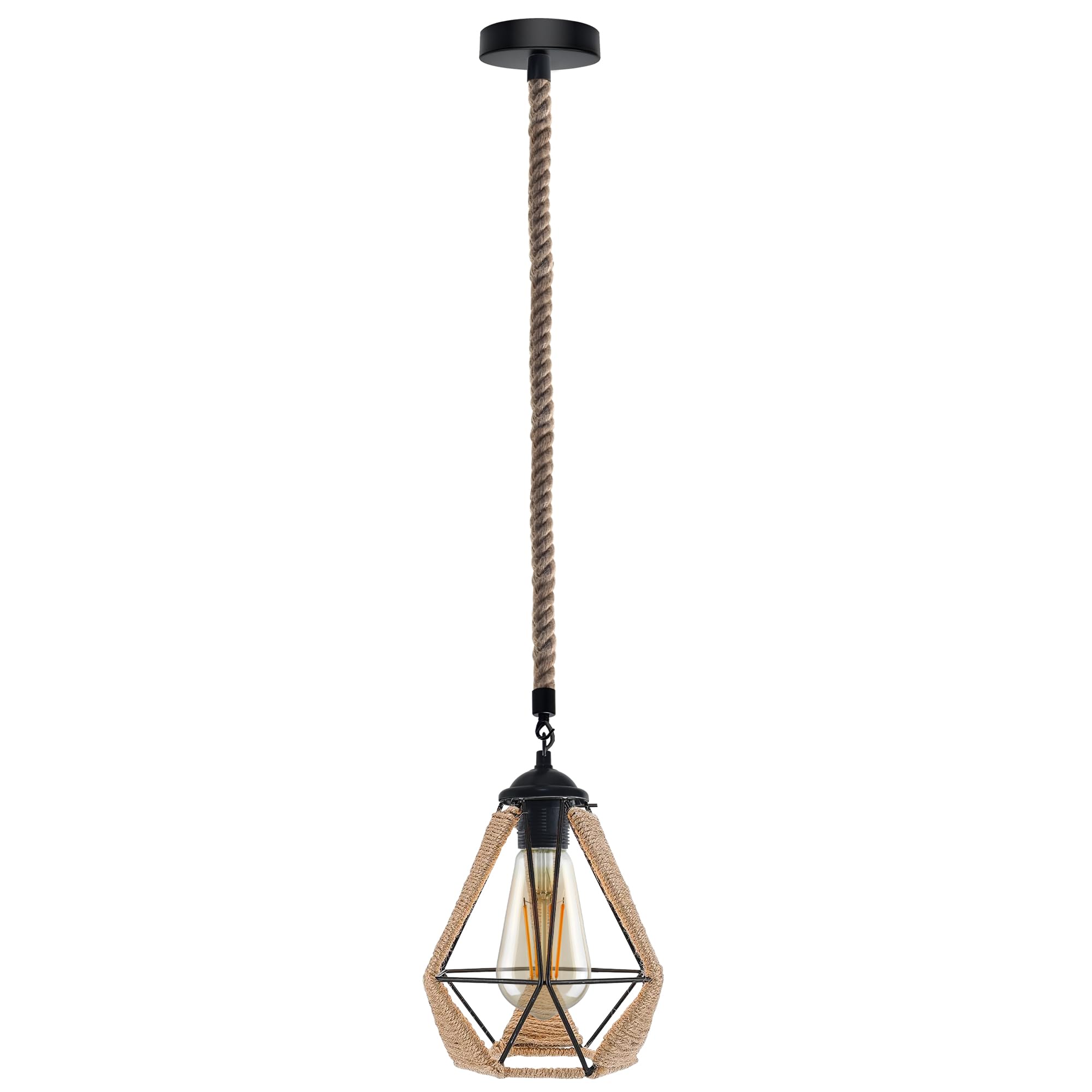 Ledsone Hemp,Black With Bulb Pendant Light Fitting With Shade 18Cm Hemp Cage Pendant Light E27 Metal Wire Basket Light Industrial Ceiling Pendant Adjustable1m Rope Hanging Lights For Kitchen