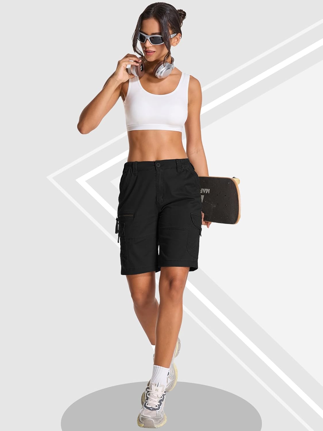 Womens Cargo Shorts Lightweight Cotton Casual Hiking Shorts Multi-Pockets Elastic Waist #2110-Black-14 - Image 3