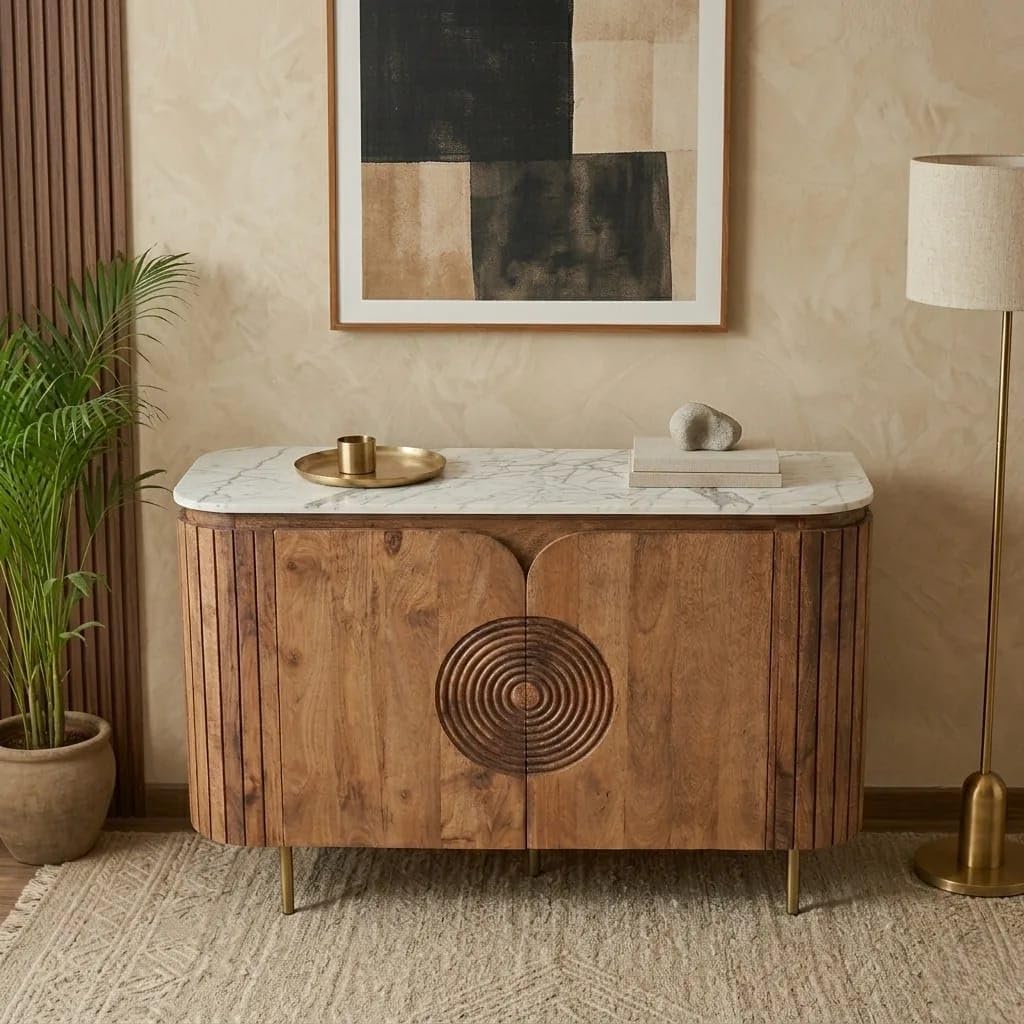 Solid Wooden Sideboard Cabinet with Sintered Stone Top &Storage Console Table for Living Room, Dining Room, Entryway & Home Décor (Light Green) (Honey Brown)-image-27