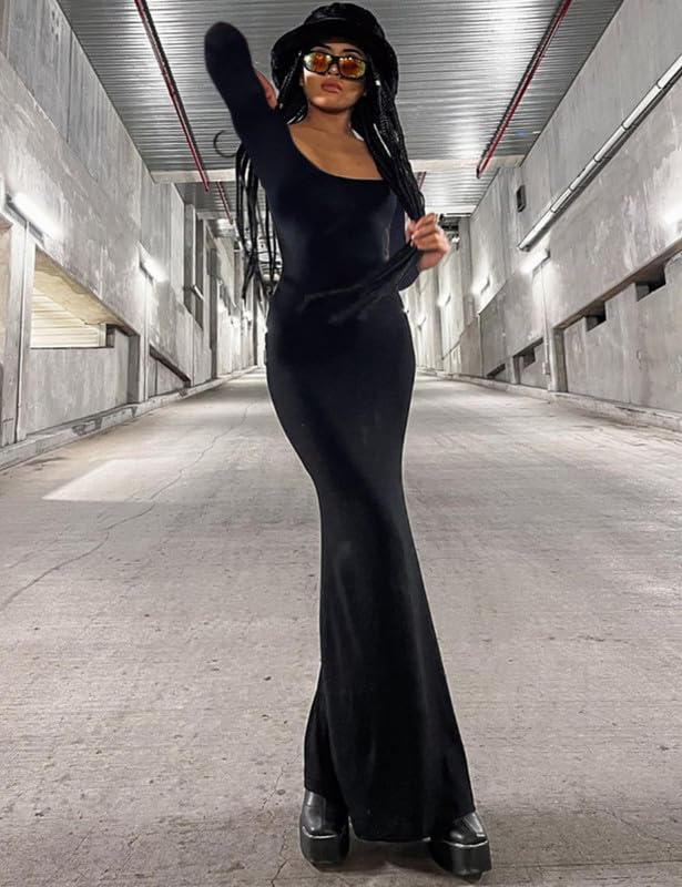 Damska sukienka maxi z długim rękawem, podkreślająca figurę, seksowna sukienka bodycon, wąska, długa, rozciągliwa, miękka, na czas wolny, sukienka w kształcie rybiego ogona, elegancka,